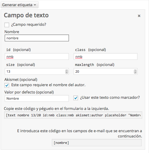 Campo de texto, formulario Contact Form 7
