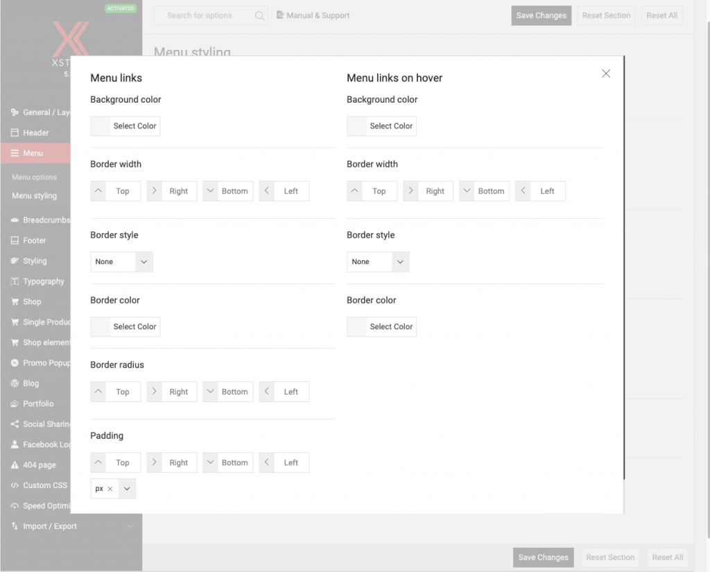 Configuración del menú de la plantilla Xtore